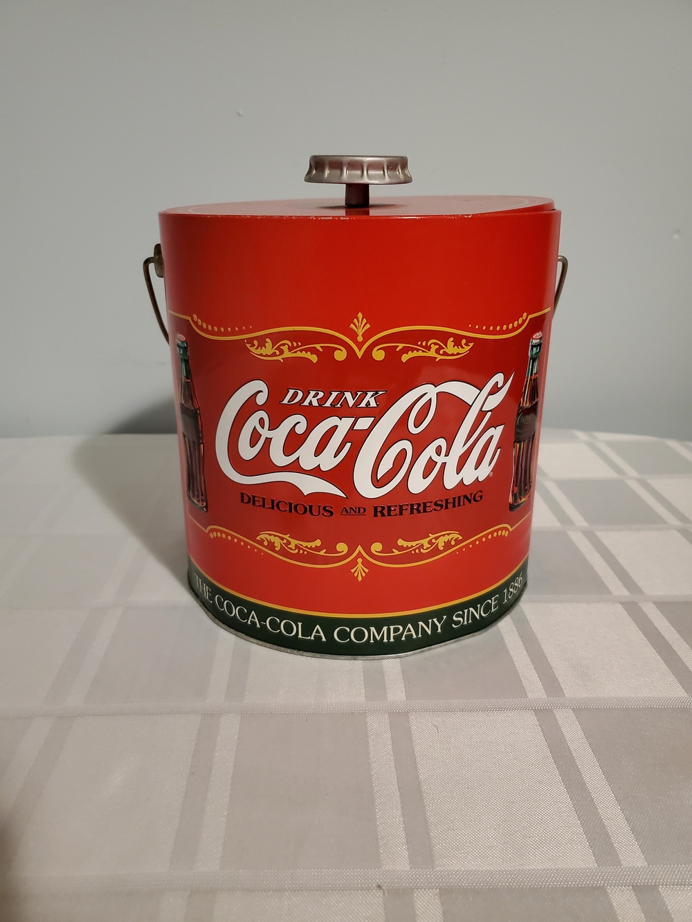 Coca-Cola Vintage Red Metal Ice Bucket Tin with Tongs
